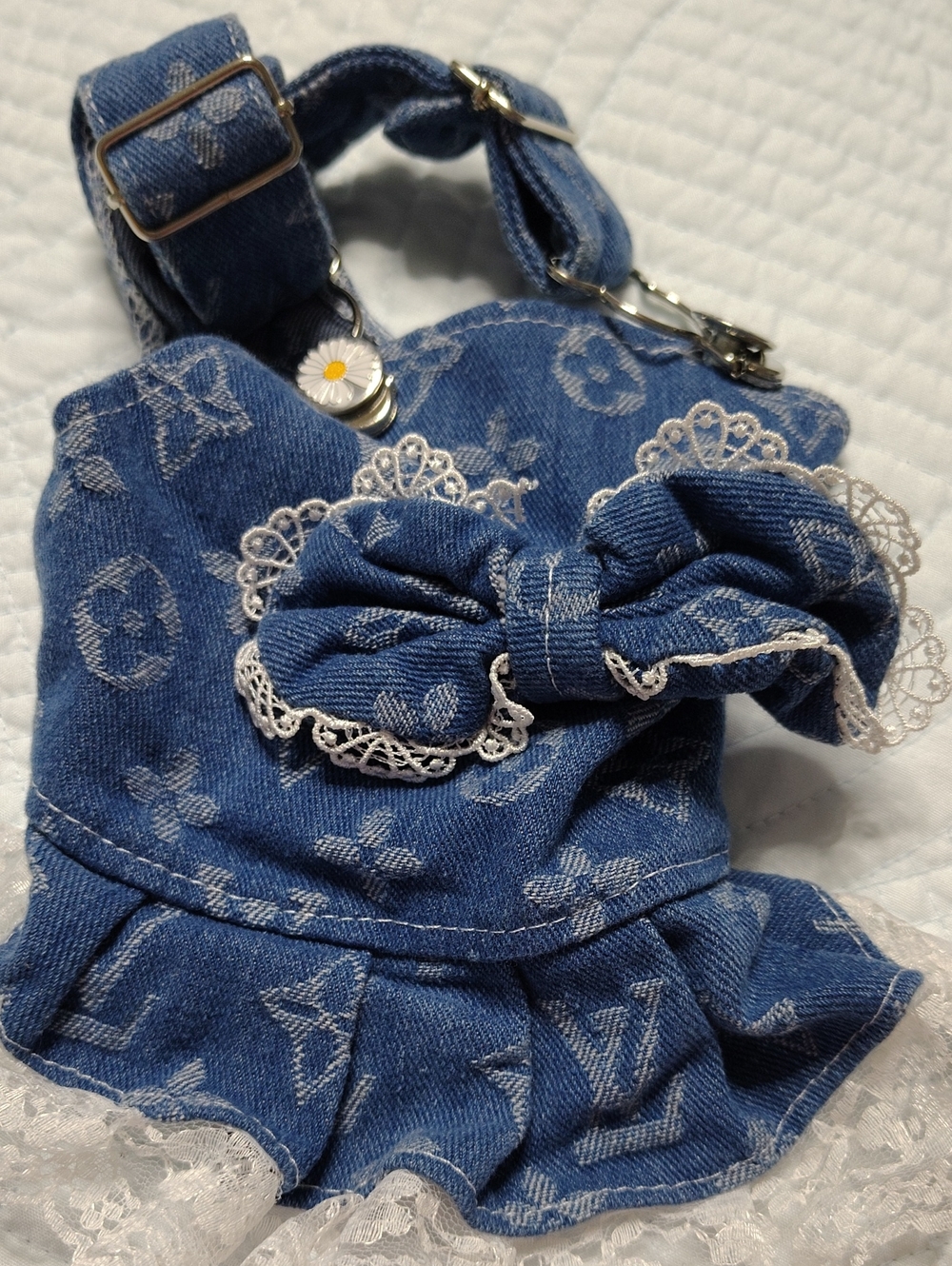 Dog Denim Bow Key & Card Holder with Lace Trim — Blue